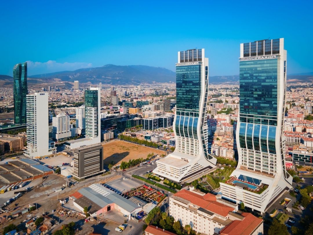 Modern high-rise residential building with city view