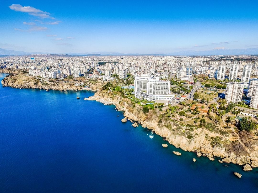Coastal view of Antalya with luxury hotels